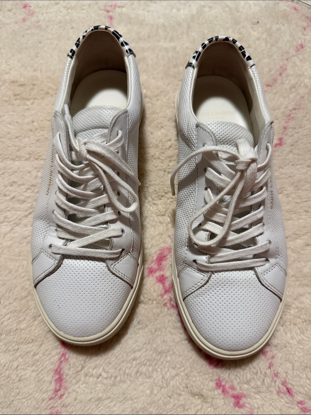 Saint Laurent White Perforated Leather Sneakers with Leopard Heel Tab